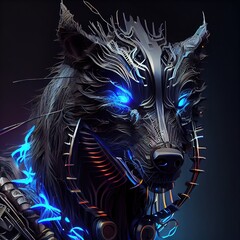 Robotic wolf made with metals, cables and wires, in style of cyberpunk. Stunning illustration generated by Ai.