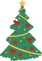 Decorated Christmas tree with ornaments, balls, bows, ribbon and a star at the top isolated on white background. Vector flat illustration for New Year