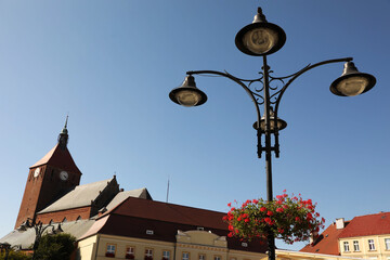 Street lamp with beautiful blooming flowers and buildings under blue sky outdoors