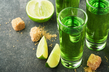 Absinthe. Two glasses of absinthe with cane sugar and lime on dark background. Strong alcoholic drink. Bar card concept. Place for text.