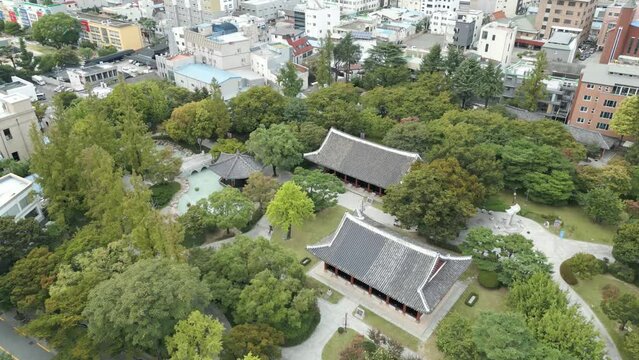Drone shot of Gyeongsang-gamyeong Park at Daegu Jung-gu City Korea