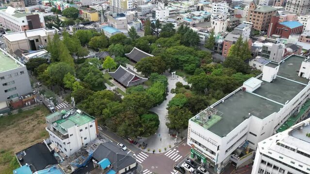 Drone shot of Gyeongsang-gamyeong Park at Daegu Jung-gu City Korea