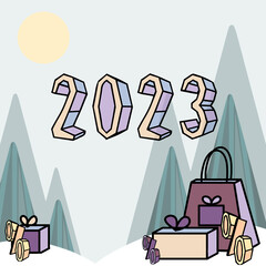 gift bags for sale on the background of Christmas trees and snow