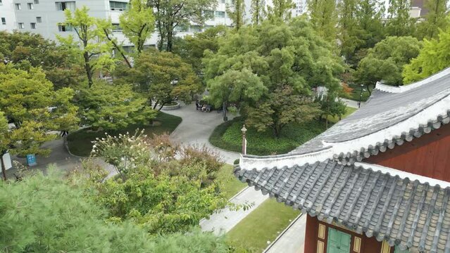 Drone shot of Gyeongsang-gamyeong Park at Daegu Jung-gu City Korea