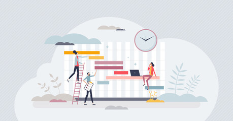 Gantt chart as project schedule for time management tiny person concept. Timeline with work tasks flow and effective graph planning vector illustration. Organization deadline plan with activities. - obrazy, fototapety, plakaty