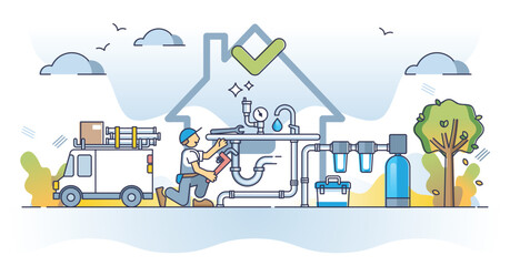 Plumber service with professional faucet or pipes fix work outline concept. Repair dripping water leakage with mechanic handyman skills vector illustration. Technician for sewage and filter problems.
