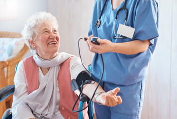 Doctor, senior patient and blood pressure healthcare consulting in a retirement home. Medical...
