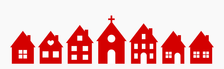 Little town of red houses and church. Flat design houses.
