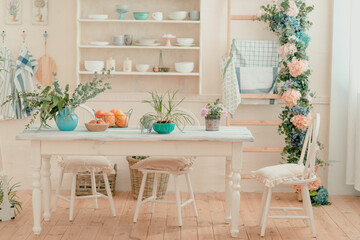 interior of the kitchen in light colors, rustic style, kitchen decor