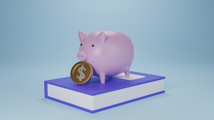 piggy bank with gold coins and book Money saving concept, investment, economy, secure financial investment