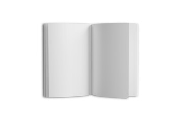 Open soft cover book or magazine mockup isolated on white background. 3d rendering.