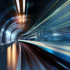 Subway metro underground tunnel with blurry rail tracks. Blurred motion, abstract background. Ai generated, photorealistic illustration