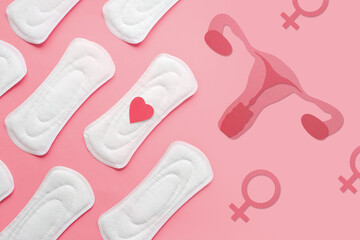 Female menstrual pads and uterus illustration on pink background, woman's health, woman's periods cycle concept