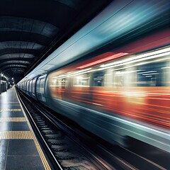 Fototapeta na wymiar Subway train at the platform blurred in motion. Photorealistic illustration generated by Ai