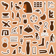Stickers collection with Ancient Egypt icons, ancient sculptures and hieroglyphs. Trendy abstract antique texture. Colored flat vector illustration.