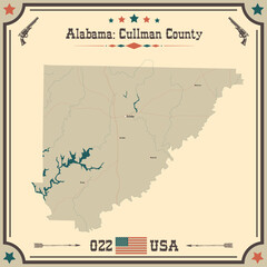 Large and accurate map of Cullman county, Alabama, USA with vintage colors.