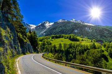 Asphalt road in Alps mountains, Moerel, Filet, Oestlich Raron, Wallis Valais Switzerland