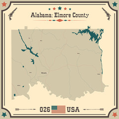 Large and accurate map of Elmore county, Alabama, USA with vintage colors.