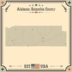 Large and accurate map of Escambia county, Alabama, USA with vintage colors.