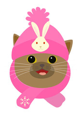 ウサギのマークが付いたピンク色の帽子をかぶる可愛い猫