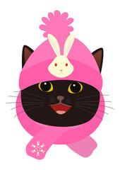 ウサギのマークが付いたピンク色の帽子をかぶる可愛い猫