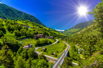 Railroad in Alps mountains valley, Moerel, Filet, Oestlich Raron, Wallis Valais