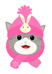 ウサギのマークが付いたピンク色の帽子をかぶる可愛い猫