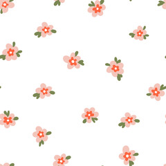 Hand drawn naive daisy loose flowers with leaves vector seamless pattern. Blotched retro floral texture for textile, print, fabric, wrap, paper.