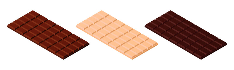 Vector illustration of chocolate bars isolated on white background. Set of white, dark and milk chocolate icons. Dessert.