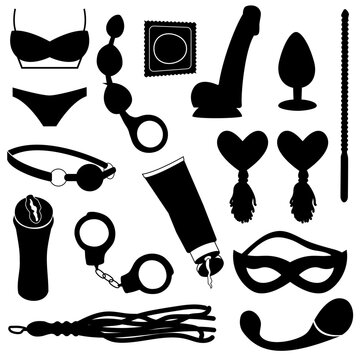 Adult shop and sex toys flat vector icons set