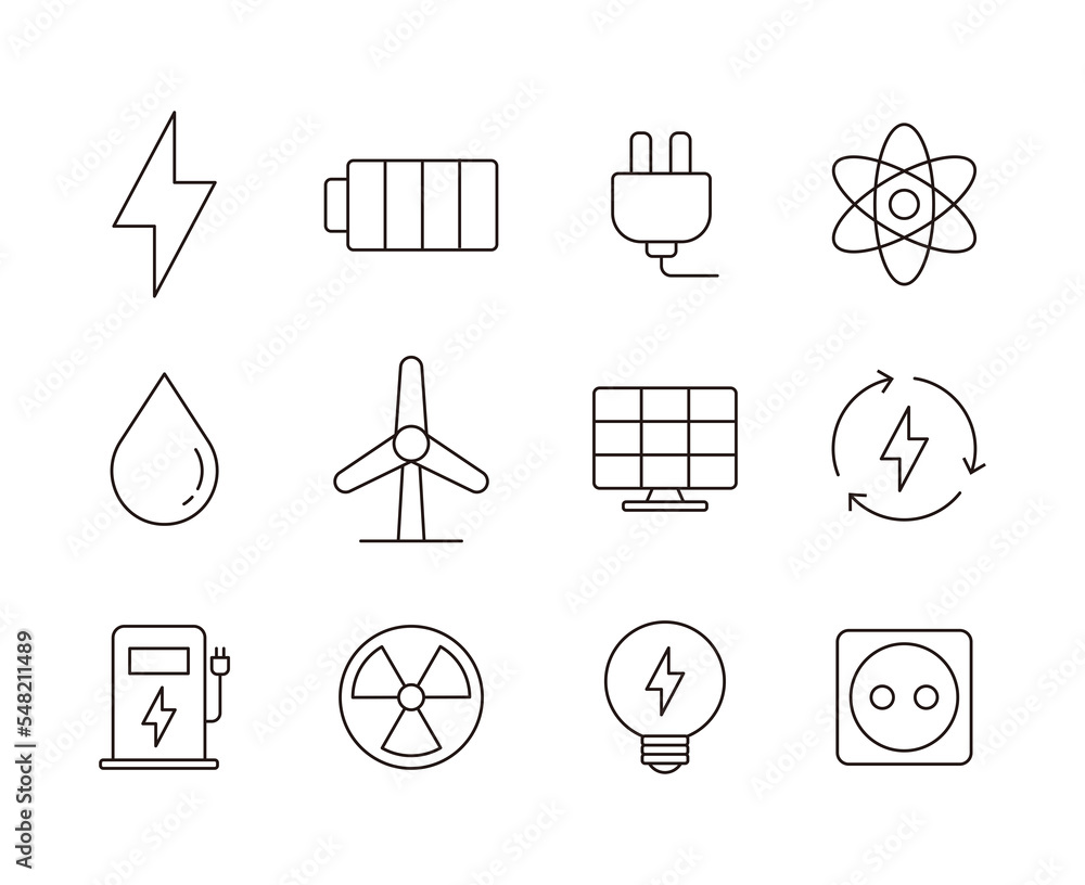 Poster a set of energy-related icons in a simple, minimalistic line style. science icons symbolizing electr