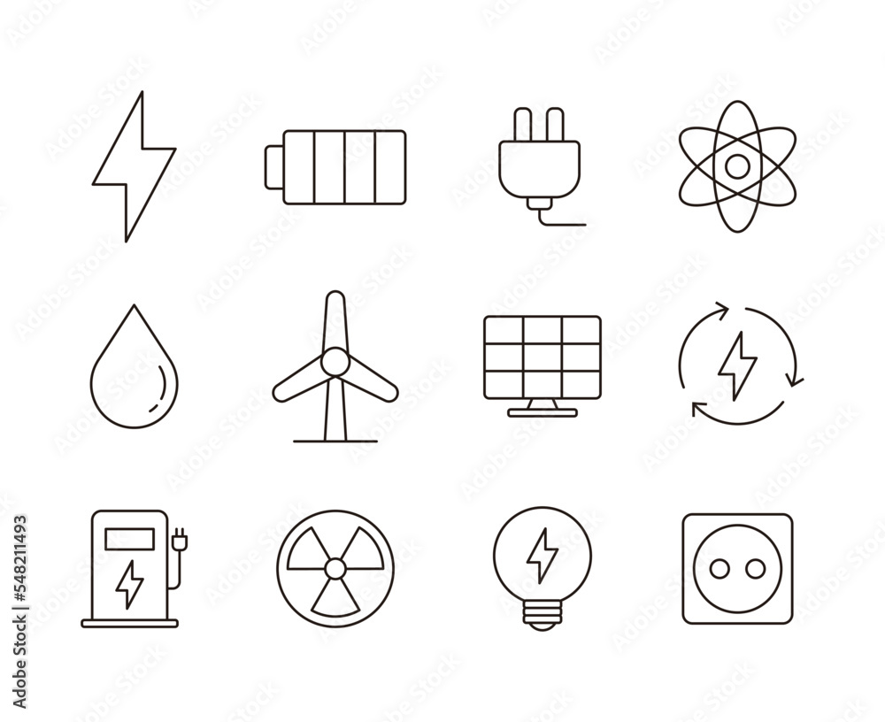 Poster a set of energy-related icons in a simple, minimalistic line style. science icons symbolizing electr