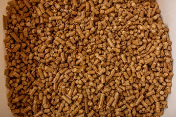 Toilet filler for pets as a background. Clumping bentonite cat litter in a tray. Pressed sawdust, eco filler.