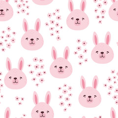 Rabbits, hares, bunnyes seamless pattern. Cute characters. Baby cartoon vector in simple hand-drawn Scandinavian style. Nursery illustration children print, baby shower.