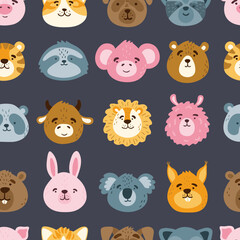Cute funny animal faces, heads vector seamless pattern. Cartoon muzzles texture. Vector illustration for print on children's clothing, greeting cards, nursery, stationery, room decor