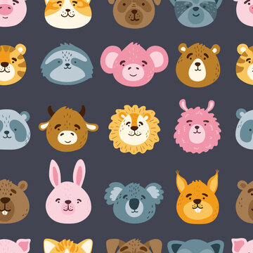 Cute funny animal faces, heads vector seamless pattern. Cartoon muzzles texture. Vector illustration for print on children's clothing, greeting cards, nursery, stationery, room decor