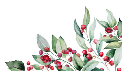 Christmas watercolor twig with green leaves and red berries border. Holidays design Illustration © katrinshine