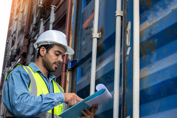 A dock worker in safety helmets and uniform working in a container port terminal. A handsome male...