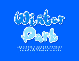 Vector bright banner Winter Park. Blue glossy Font. Creative handwritten Alphabet Letters, Numbers and Symbols set