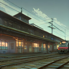 架空の鉄道駅や列車の風景。