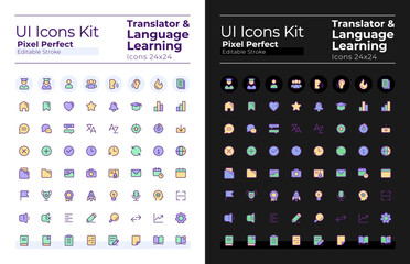 Translator pixel perfect RGB color ui icons set for dark, light mode. Language learning. GUI, UX design for mobile app. Vector isolated pictograms. Editable stroke. Montserrat Bold, Light fonts used