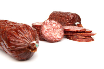 Salami sausage with pork and wild boar isolated on white background