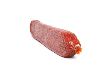 Salami sausage stick with pork and wild boar isolated on white background