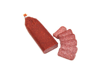 Salami sausage with pork and wild boar isolated on white background