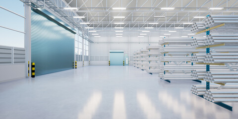 3d rendering of steel pipe product, row of shelf and concrete floor inside large warehouse building, factory or store for product display background of steel production industry and manufacturing. 
