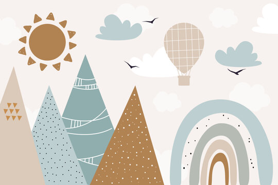 Vector hand drawn modern design of kids mountains. Mountains in doodle style. For children's wallpapers. Mountains, clouds, air balloon, sun, rainbow and birds.