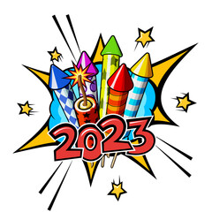New year fireworks, 2023 text and explosion in comic pop art style. Vector illustration on white background