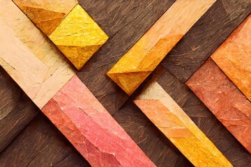 3d illustration. colorful Wooden triangles on a background of wood. Abstract low poly background. Polygonal shapes background.