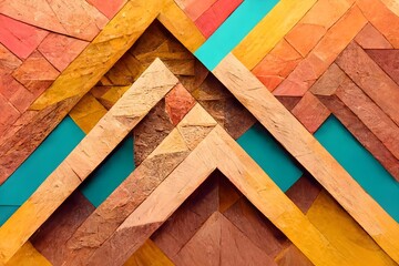 3d illustration. colorful Wooden triangles on a background of wood. Abstract low poly background. Polygonal shapes background.