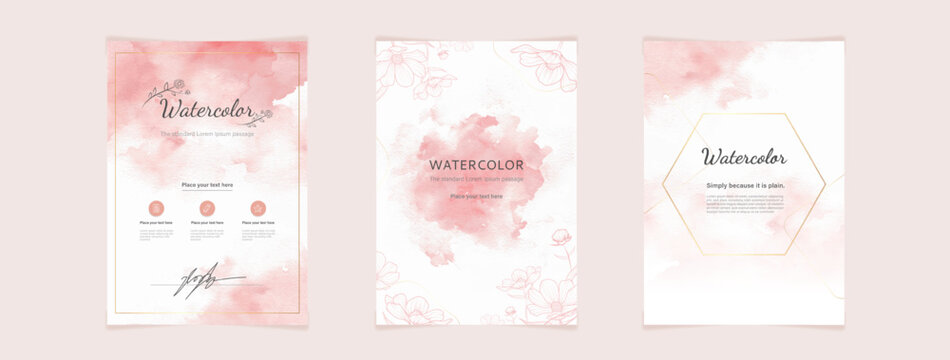 Pink watercolor cover vector template on white paper texture backgrounds for wedding, invitation cards and more